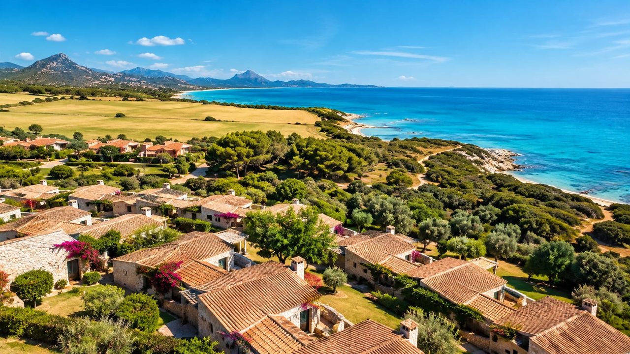 Vista dall'alto delle villette in pietra di Sant'Elmo tra ulivi, bouganville e macchia mediterranea, con la costa di Castiadas e il mare sullo sfondo