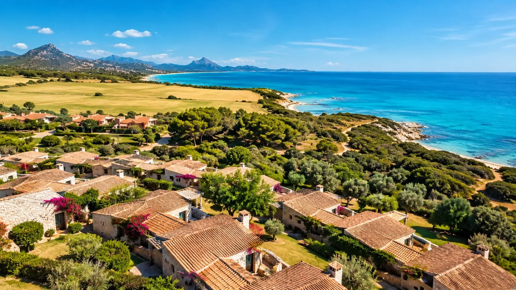 Vista dall'alto delle villette in pietra di Sant'Elmo tra ulivi, bouganville e macchia mediterranea, con la costa di Castiadas e il mare sullo sfondo