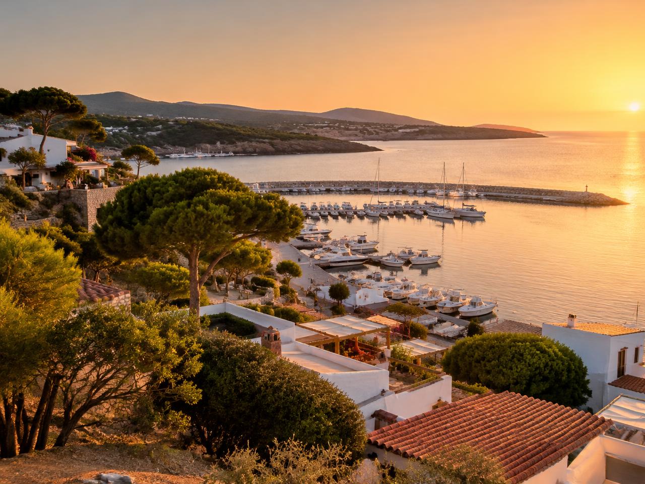 Borgo e porticciolo di Porto Corallo al tramonto